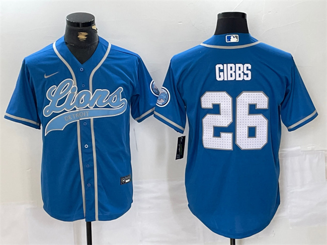 Men's Detroit Lions #26 Jahmyr Gibbs Blue Cool Base Stitched Baseball Jersey